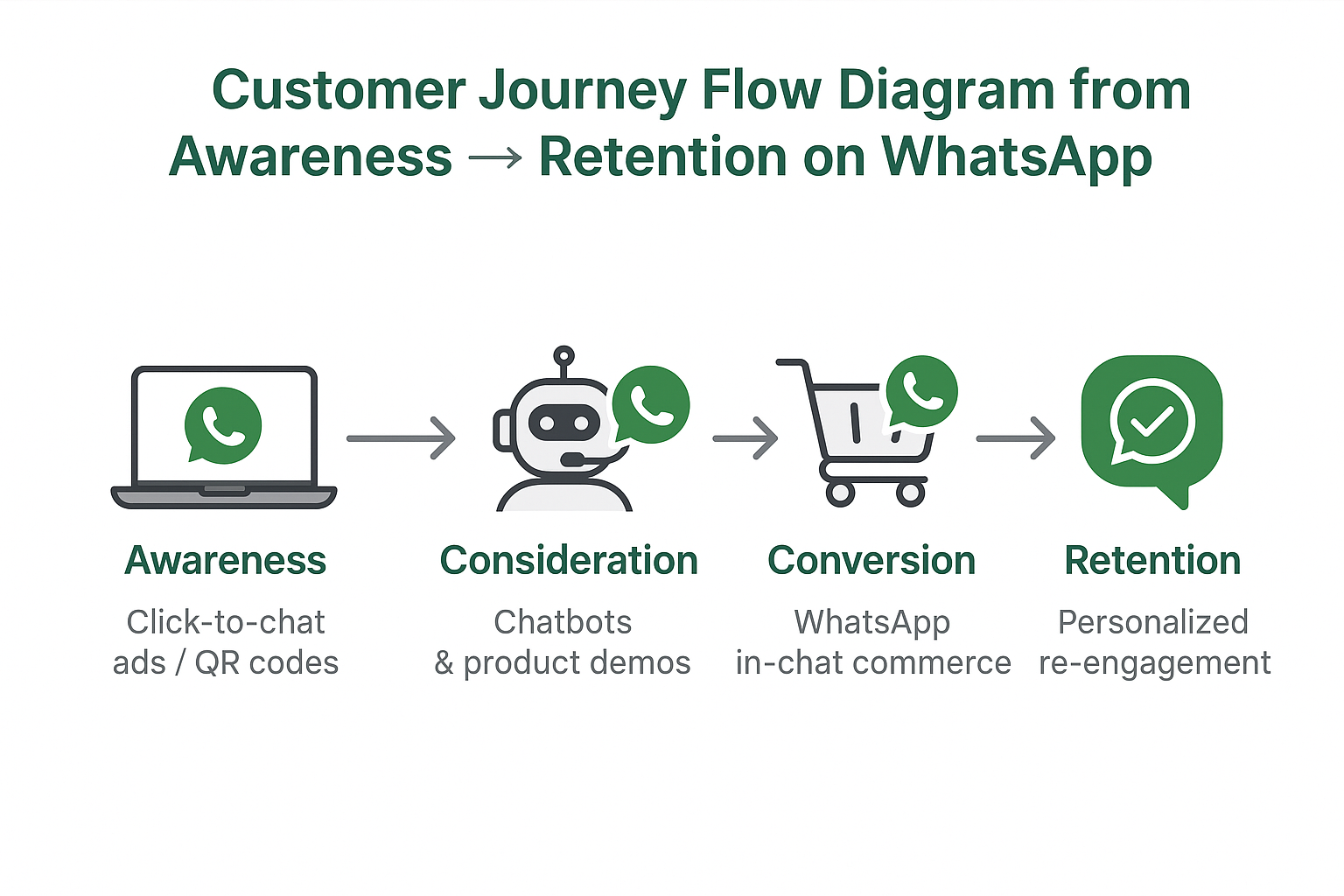 Flow diagram showing the WhatsApp customer journey stages: awareness, consideration, conversion, and retention.