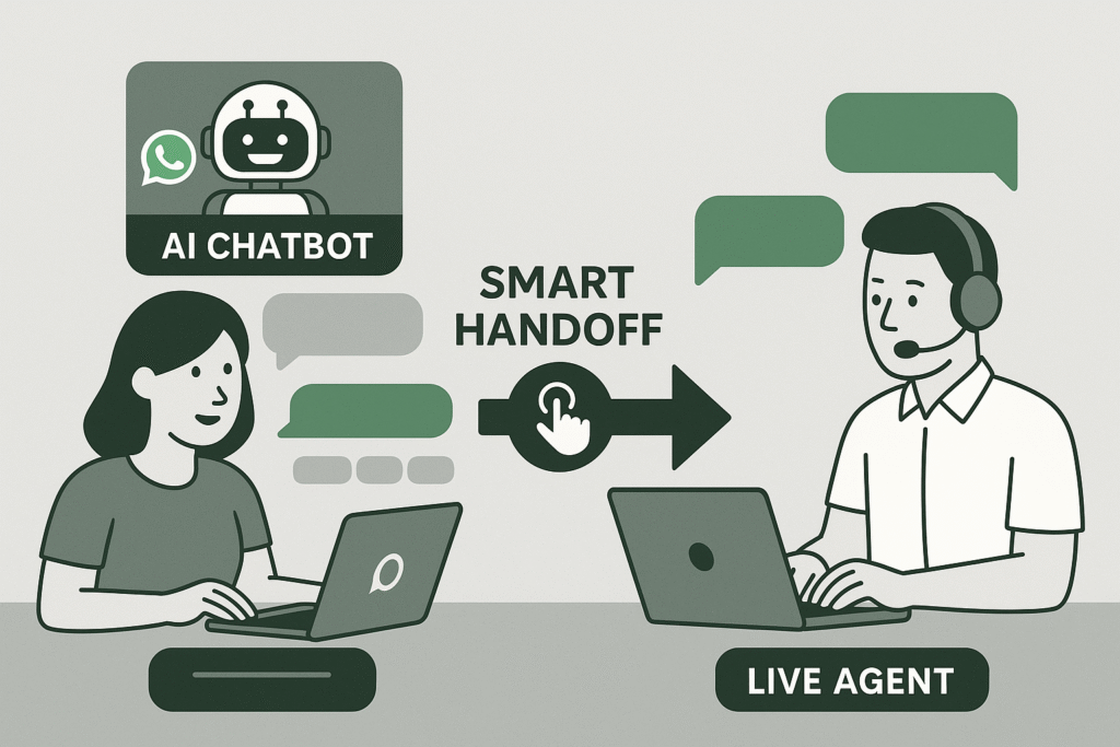 Illustration showing smart handoff from AI chatbot to live human agent during a WhatsApp customer support interaction.