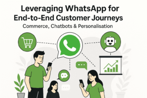 Illustration showing people using WhatsApp for end-to-end customer journeys across commerce, chatbots, and personalized marketing.