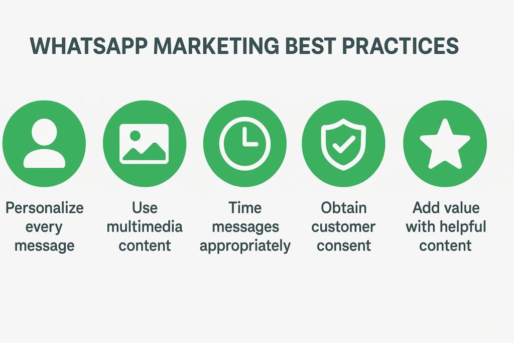 Horizontal infographic listing the top WhatsApp marketing best practices including personalization, timing, consent, and multimedia use.